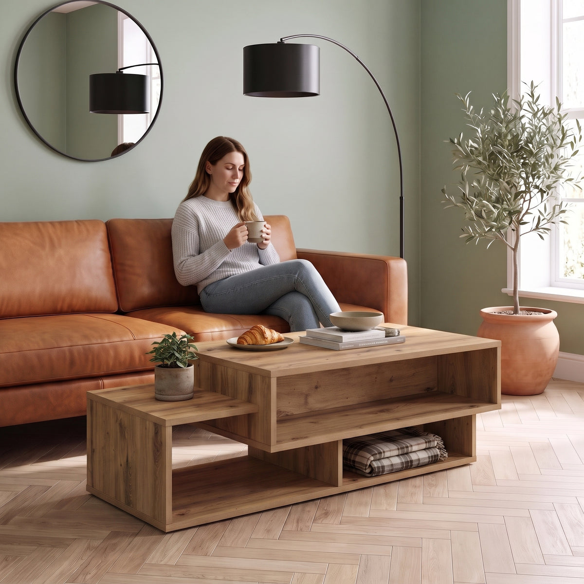 Table basse double plateau décor bois Mezza chêne artisanal au quotidien : café du matin depuis le canapé #Couleur_Chêne artisanal