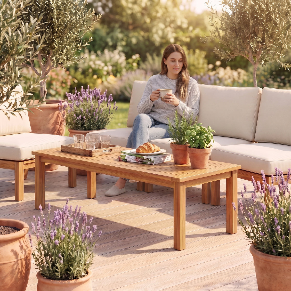Table basse de jardin en teck massif Timba 110 × 55 × 45 cm au quotidien : café du matin au jardin #Dimensions_110 × 55 × 45 cm