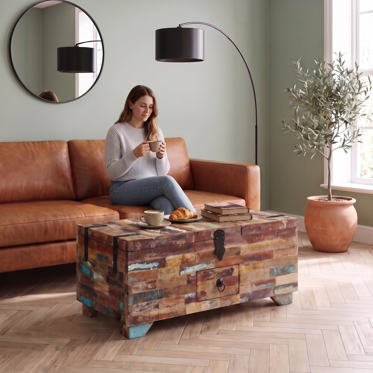Table basse coffre en bois massif Madera bois coloré au quotidien : café du matin depuis le canapé #Couleur_Bois coloré