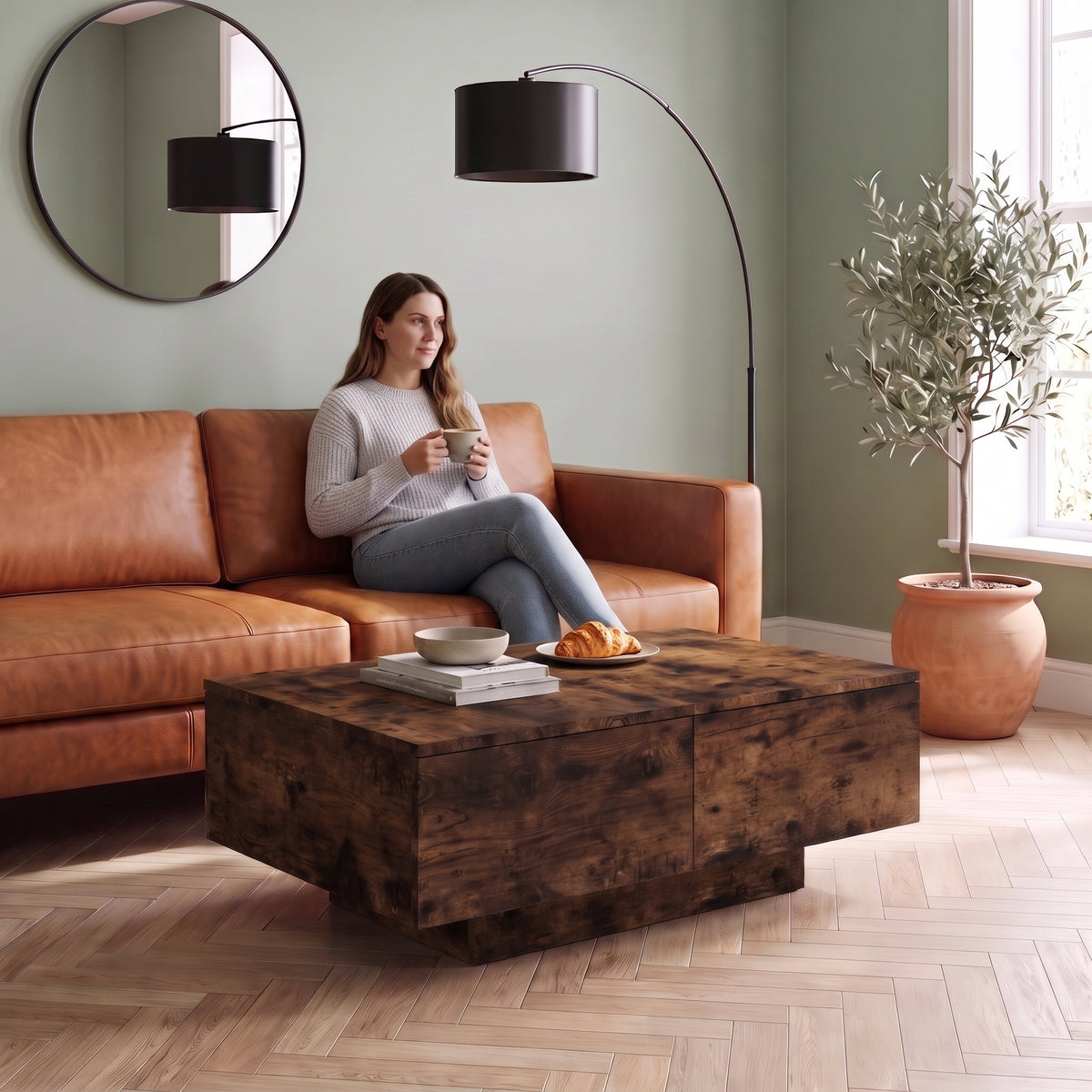 Table basse décor bois avec tiroirs Alcova chêne fumé au quotidien : café du matin depuis le canapé #Couleur_Chêne fumé