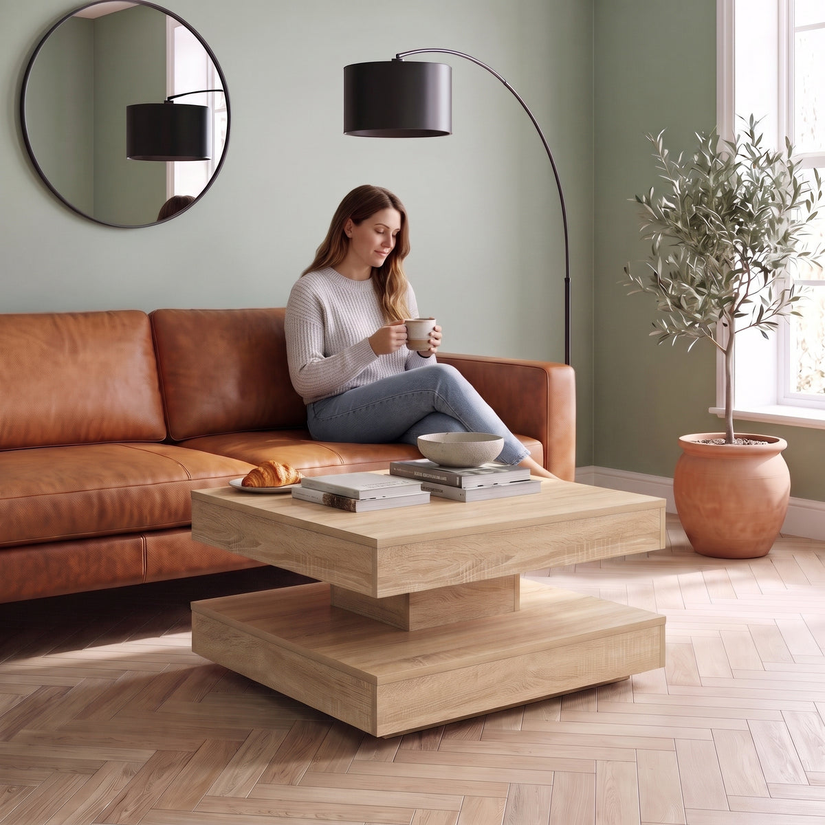 Table basse pivotante décor bois avec rangement Rondo chêne sonoma au quotidien : café du matin depuis le canapé #Couleur_Chêne Sonoma