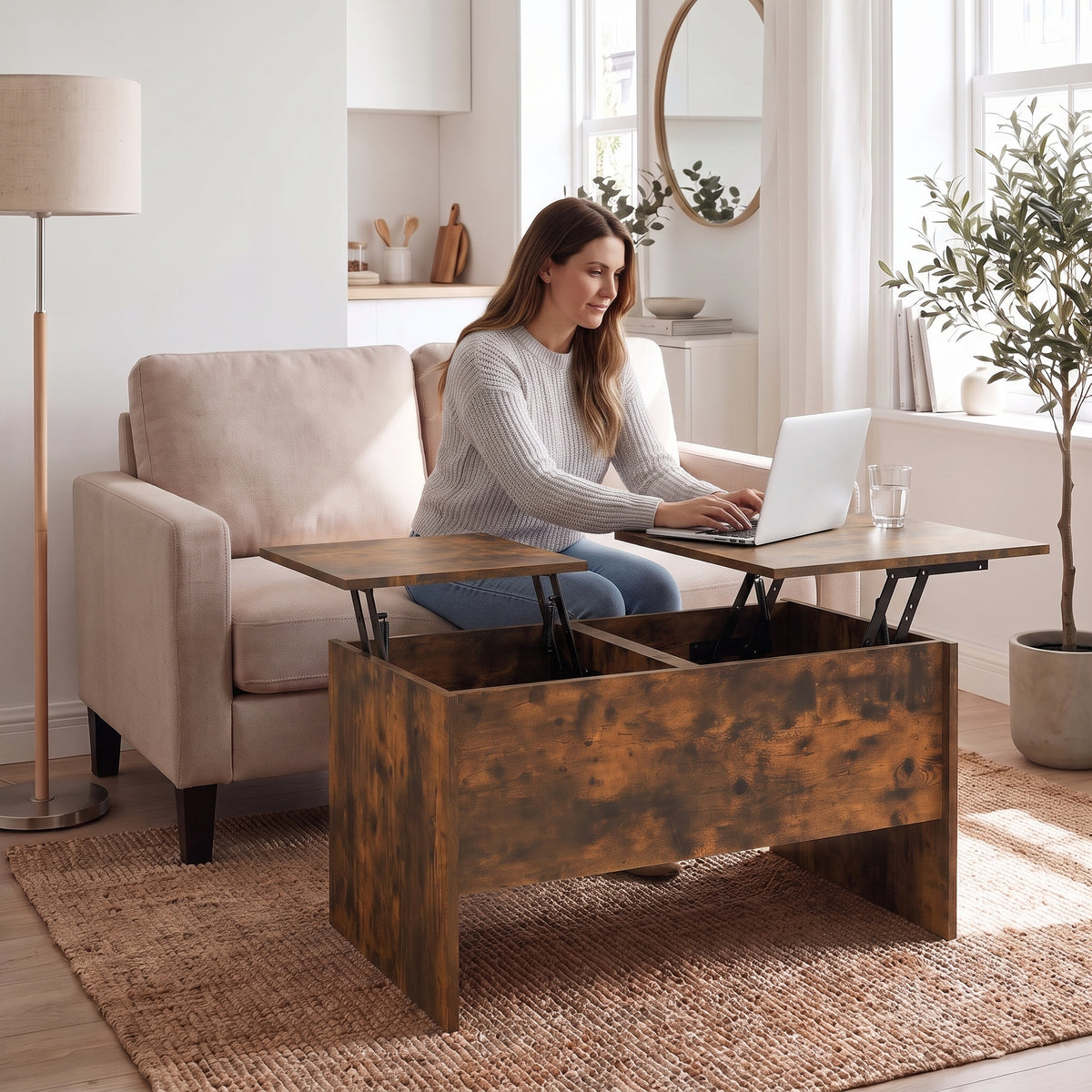 Table basse relevable décor chêne avec coffre Maela chêne fumé , 80 × 50,5 × 41,5 cm au quotidien : télétravail depuis le canapé, ordinateur sur le plateau relevé #Couleur_Chêne fumé #Dimensions_80 × 50,5 × 41,5 cm