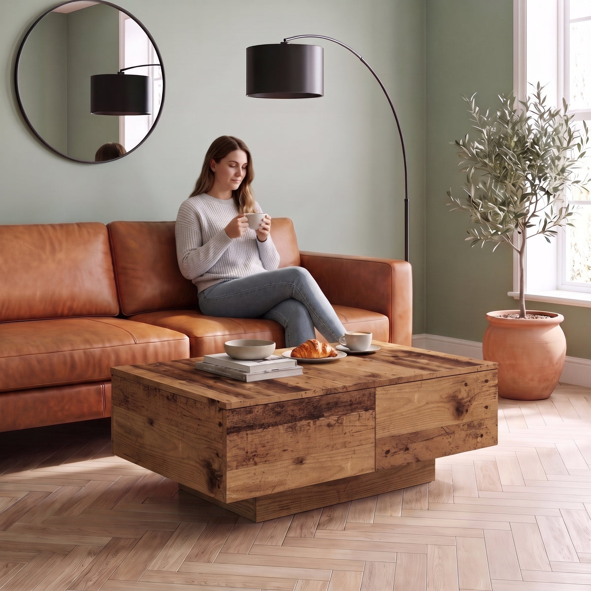 Table basse décor bois avec tiroirs Alcova vieux bois au quotidien : café du matin depuis le canapé #Couleur_Vieux bois
