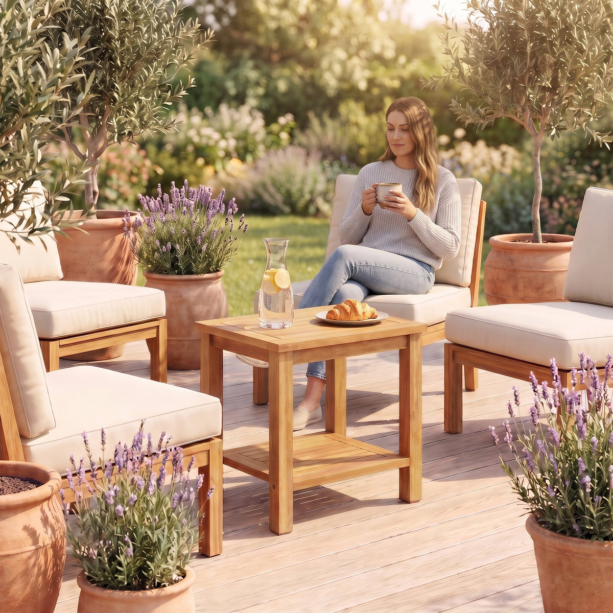 Table basse de jardin en teck massif Timba 45 × 45 × 45 cm au quotidien : café du matin au jardin #Dimensions_45 × 45 × 45 cm