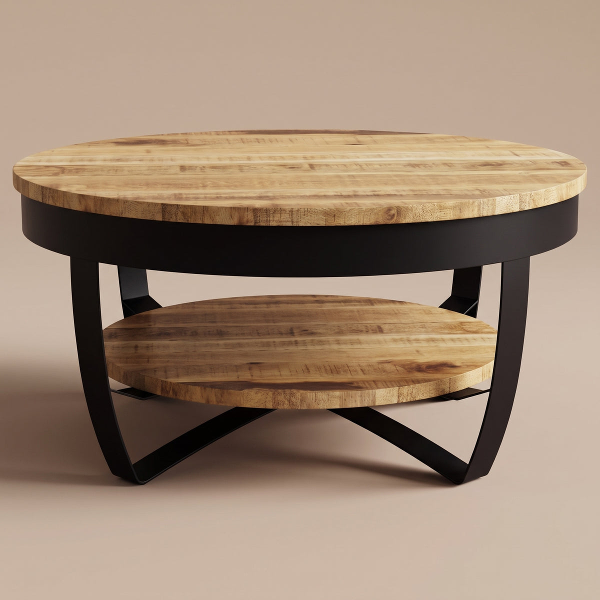 Table ronde Lunaria bois naturel, plateau et piètement acier vus de profil #Couleur_Bois naturel