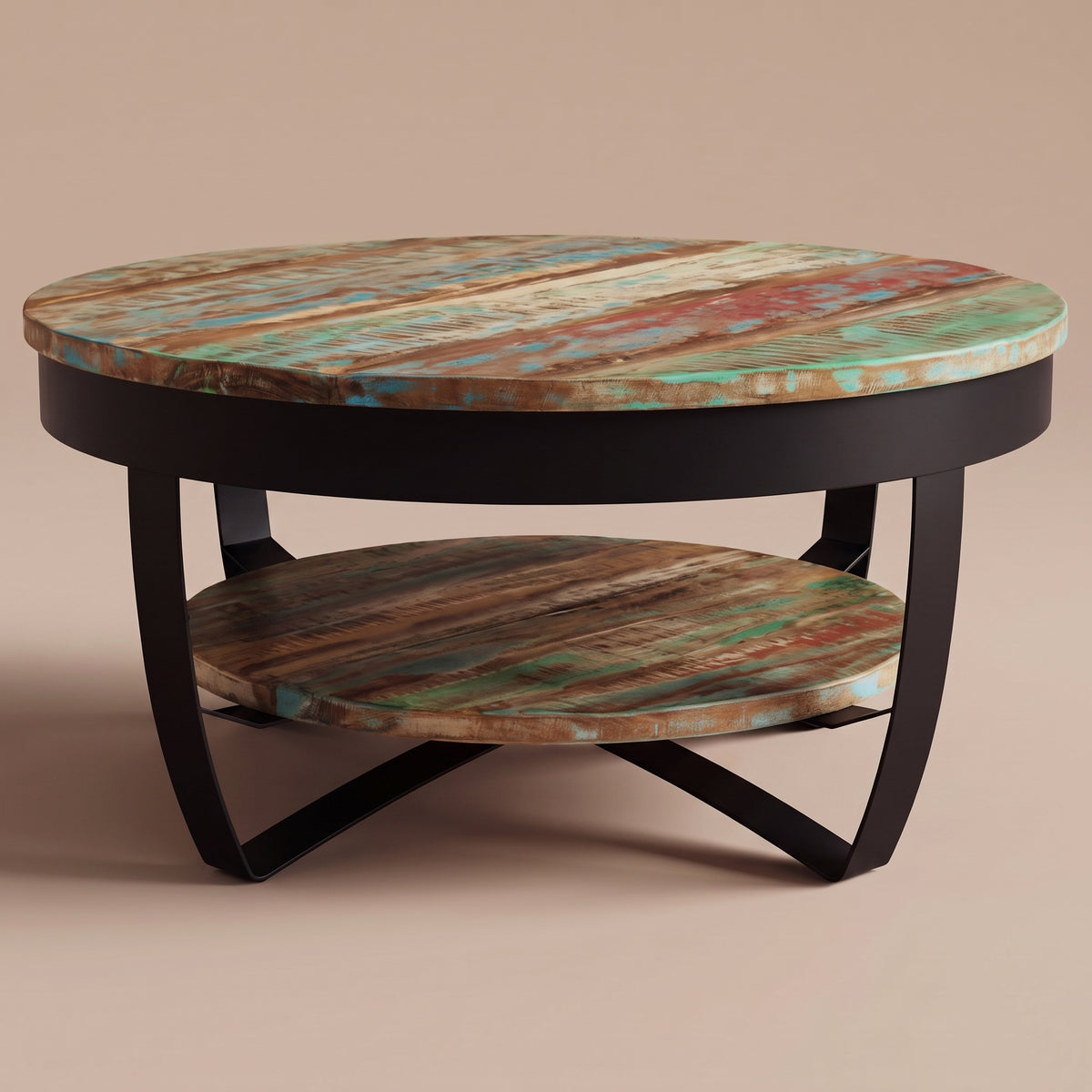 Table ronde Lunaria bois coloré, plateau et piètement acier vus de profil #Couleur_Bois coloré
