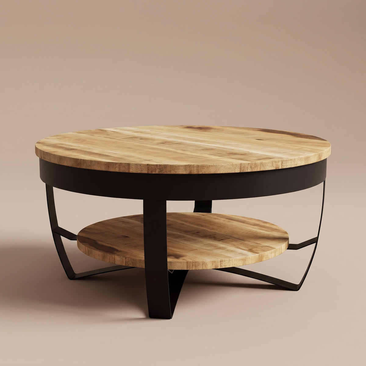Table basse ronde en manguier Lunaria, bois naturel, vue 3/4 #Couleur_Bois naturel