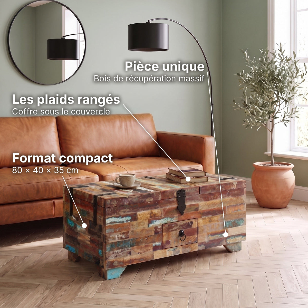 Table basse coffre en bois massif Madera bois coloré : les plaids rangés (Coffre sous le couvercle), pièce unique (Bois de récupération massif), format compact (80 × 40 × 35 cm) #Couleur_Bois coloré