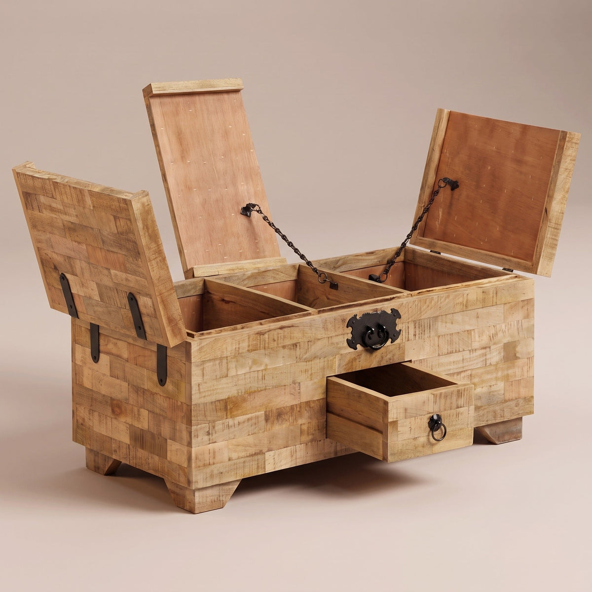 Table Madera bois naturel ouverte : deux volets sur chaînettes et tiroir #Couleur_Bois naturel