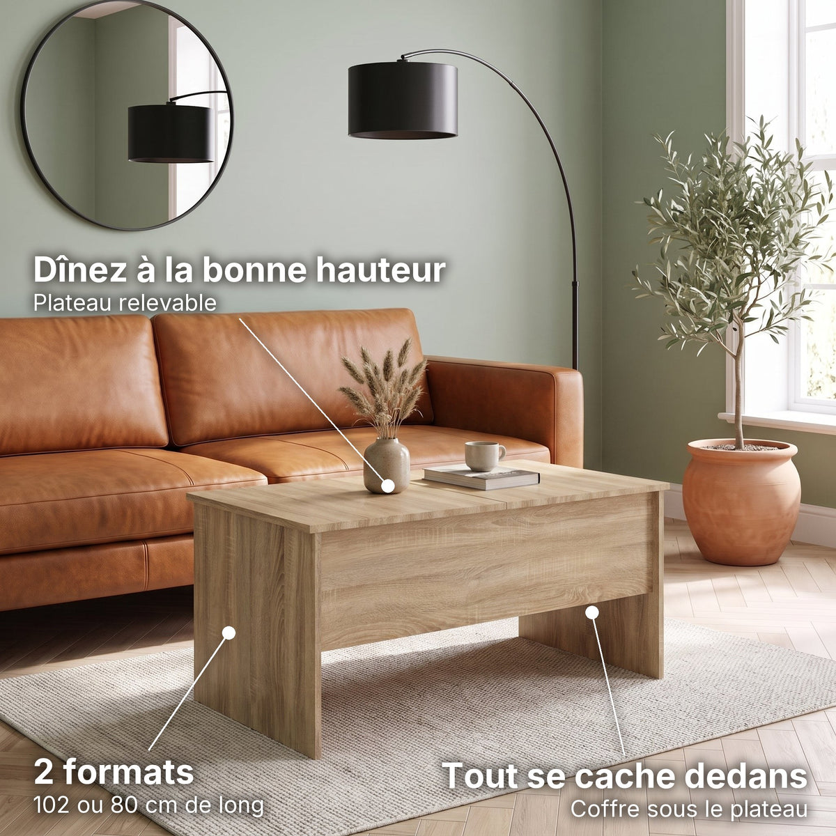 Table basse relevable décor chêne avec coffre Maela chêne sonoma , 102 × 50,5 × 46,5 cm : dînez à la bonne hauteur (Plateau relevable), tout se cache dedans (Coffre sous le plateau), 2 formats (102 ou 80 cm de long) #Couleur_Chêne Sonoma #Dimensions_102 × 50,5 × 46,5 cm