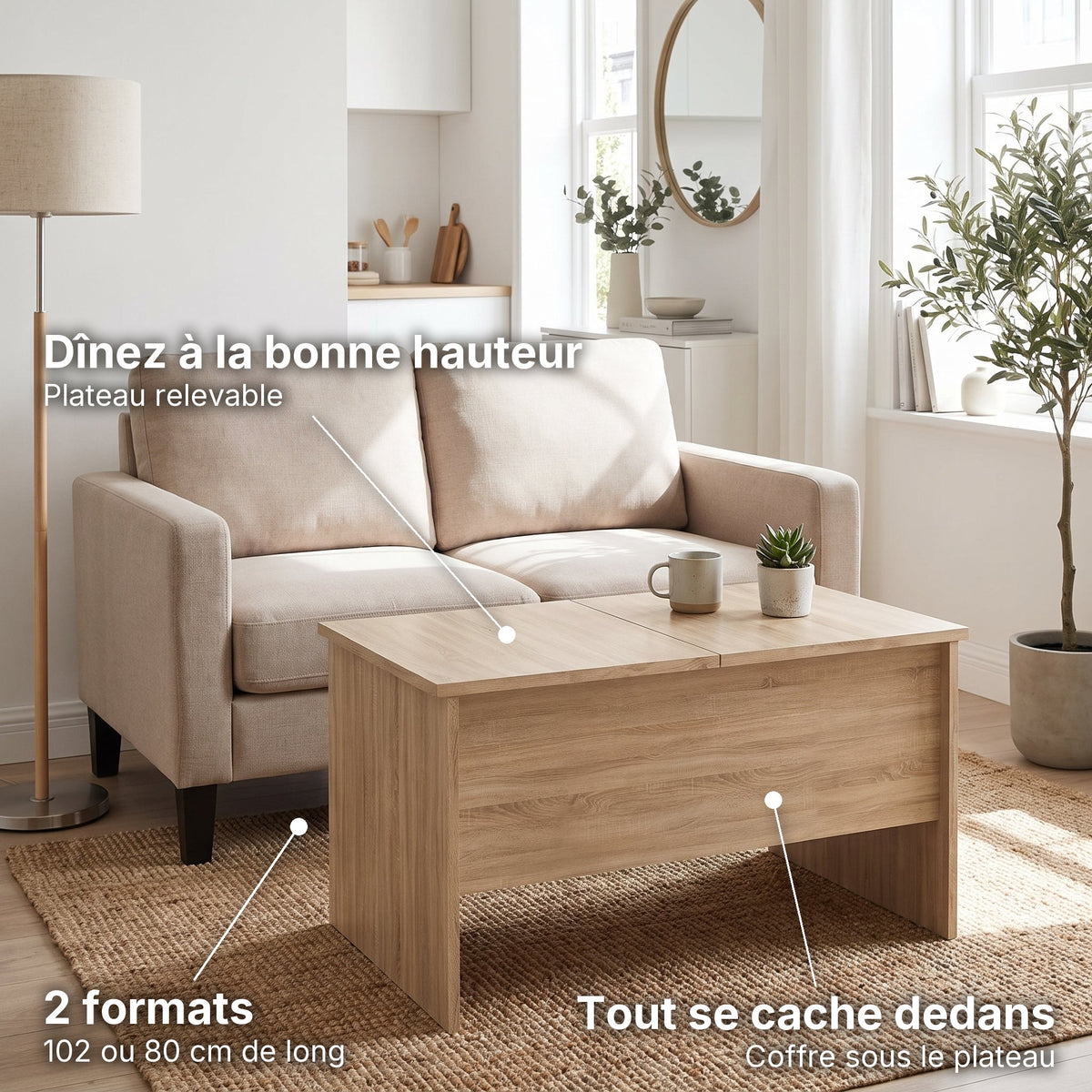 Table basse relevable décor chêne avec coffre Maela chêne sonoma , 80 × 50,5 × 41,5 cm : dînez à la bonne hauteur (Plateau relevable), tout se cache dedans (Coffre sous le plateau), 2 formats (102 ou 80 cm de long) #Couleur_Chêne Sonoma #Dimensions_80 × 50,5 × 41,5 cm