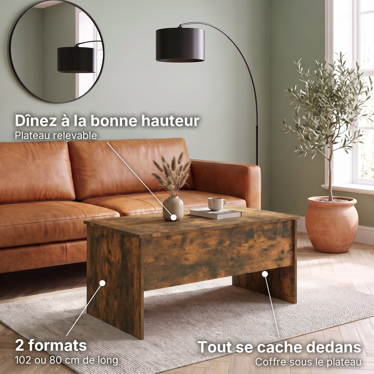 Table basse relevable décor chêne avec coffre Maela chêne fumé , 102 × 50,5 × 46,5 cm : dînez à la bonne hauteur (Plateau relevable), tout se cache dedans (Coffre sous le plateau), 2 formats (102 ou 80 cm de long) #Couleur_Chêne fumé #Dimensions_102 × 50,5 × 46,5 cm