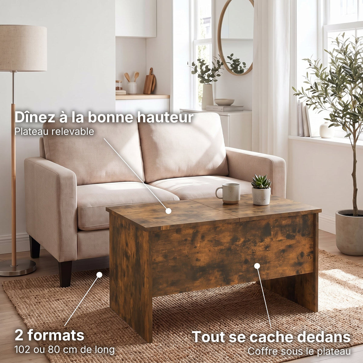 Table basse relevable décor chêne avec coffre Maela chêne fumé , 80 × 50,5 × 41,5 cm : dînez à la bonne hauteur (Plateau relevable), tout se cache dedans (Coffre sous le plateau), 2 formats (102 ou 80 cm de long) #Couleur_Chêne fumé #Dimensions_80 × 50,5 × 41,5 cm