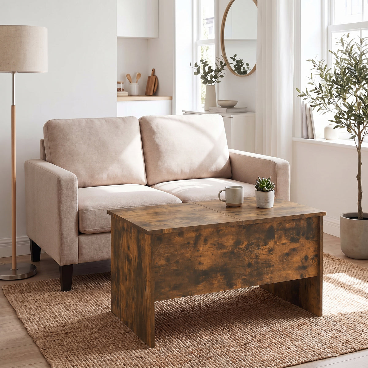 Table relevable Maela, chêne fumé, 80 × 50,5 × 41,5 cm, dans un salon en journée #Couleur_Chêne fumé #Dimensions_80 × 50,5 × 41,5 cm