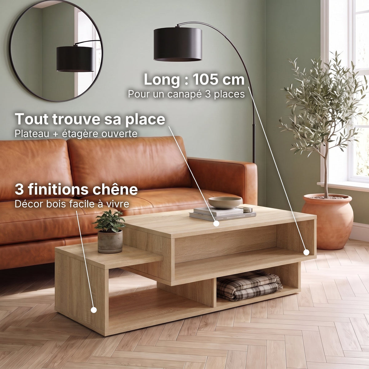Table basse double plateau décor bois Mezza chêne sonoma : tout trouve sa place (Plateau + étagère ouverte), long : 105 cm (Pour un canapé 3 places), 3 finitions chêne (Décor bois facile à vivre) #Couleur_Chêne sonoma