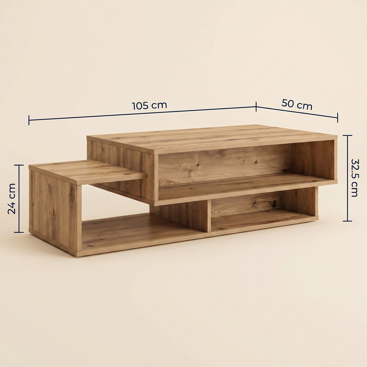 Table avec étagère Mezza, chêne artisanal, dimensions 105 x 50 cm, 32,5 cm de haut #Couleur_Chêne artisanal