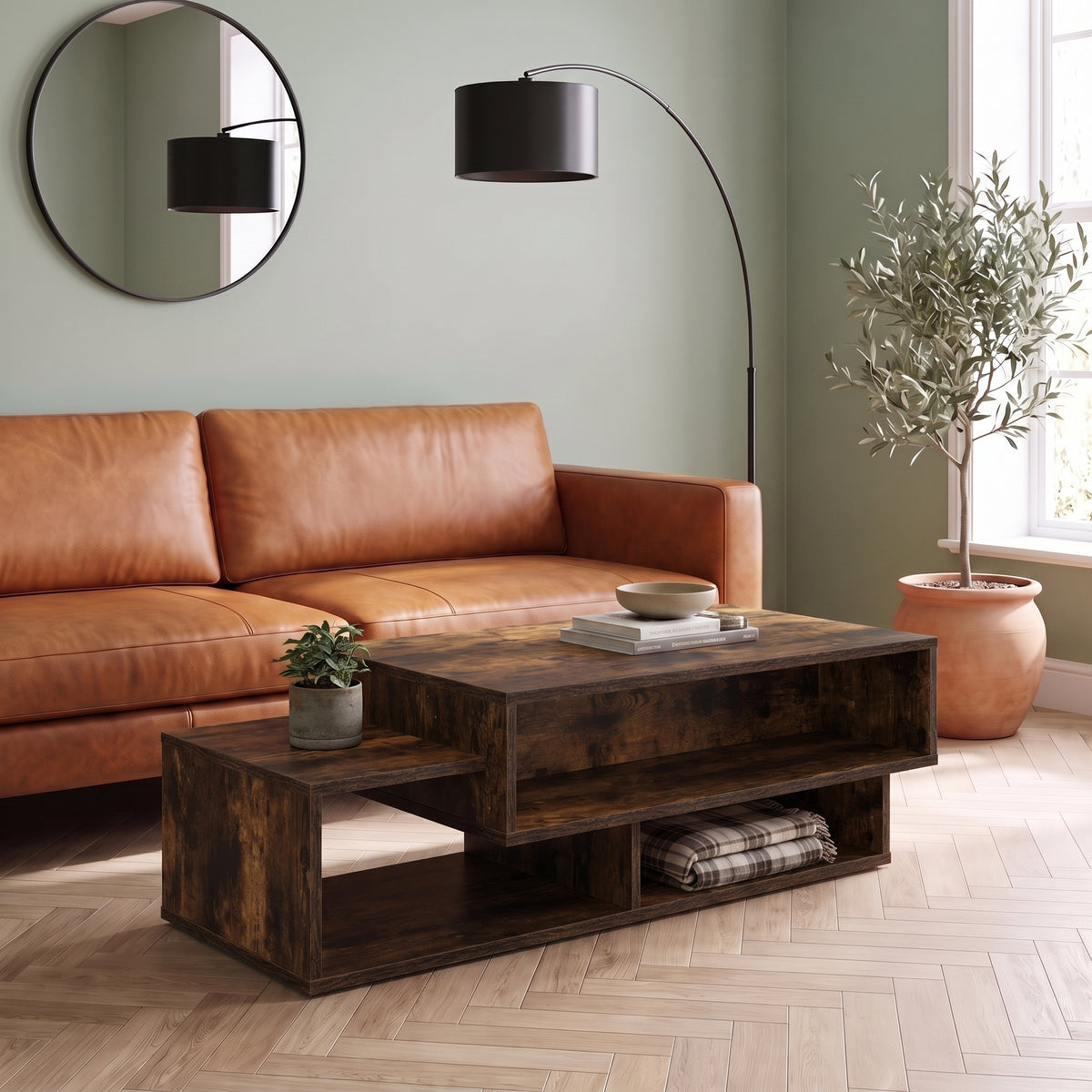 Table avec étagère Mezza, chêne fumé, dans un salon lumineux #Couleur_Chêne fumé