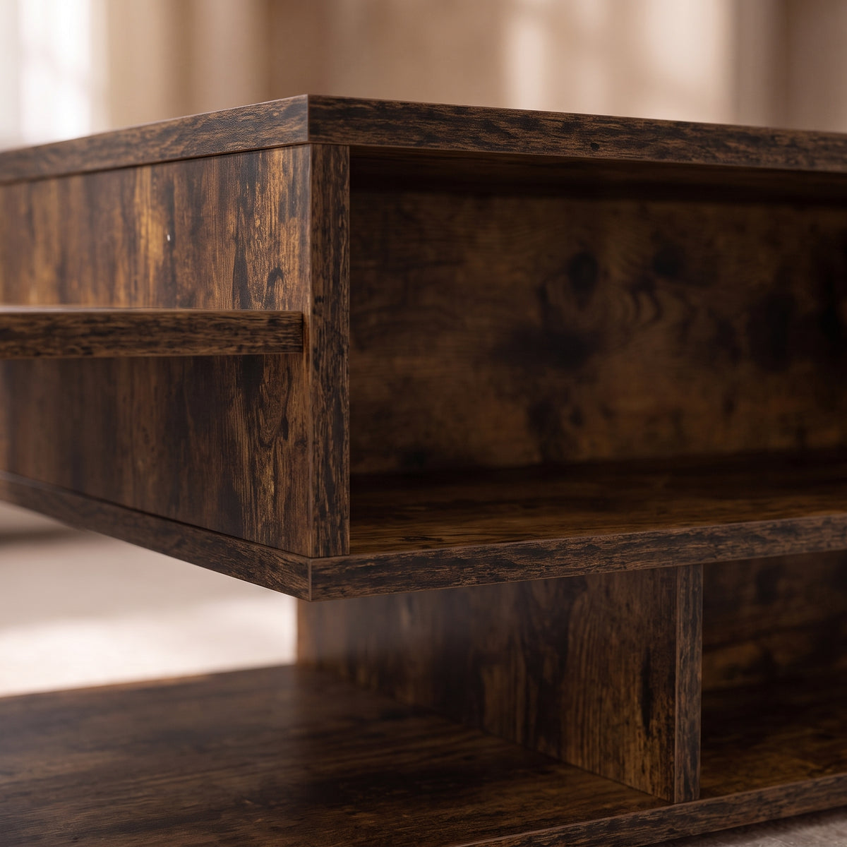 Table avec étagère Mezza, chêne fumé, zoom sur les panneaux #Couleur_Chêne fumé