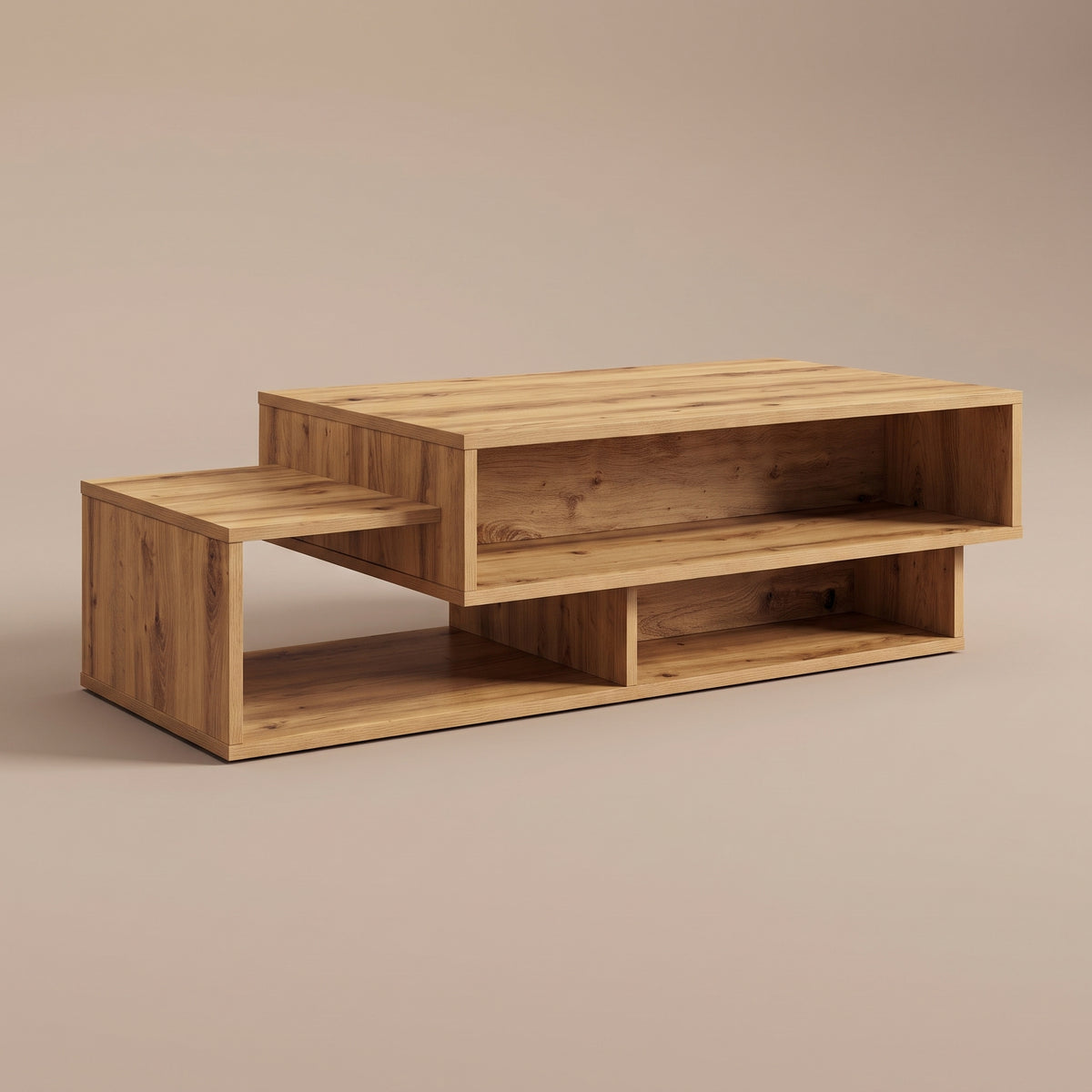 Table avec étagère Mezza, chêne artisanal, vue 3/4 des deux niveaux #Couleur_Chêne artisanal