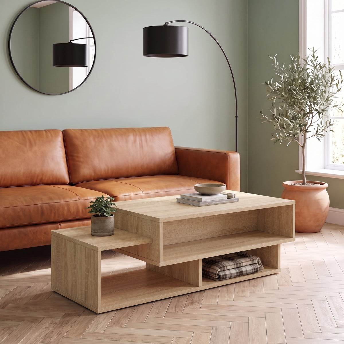 Table avec étagère Mezza, chêne sonoma, dans un salon lumineux #Couleur_Chêne sonoma