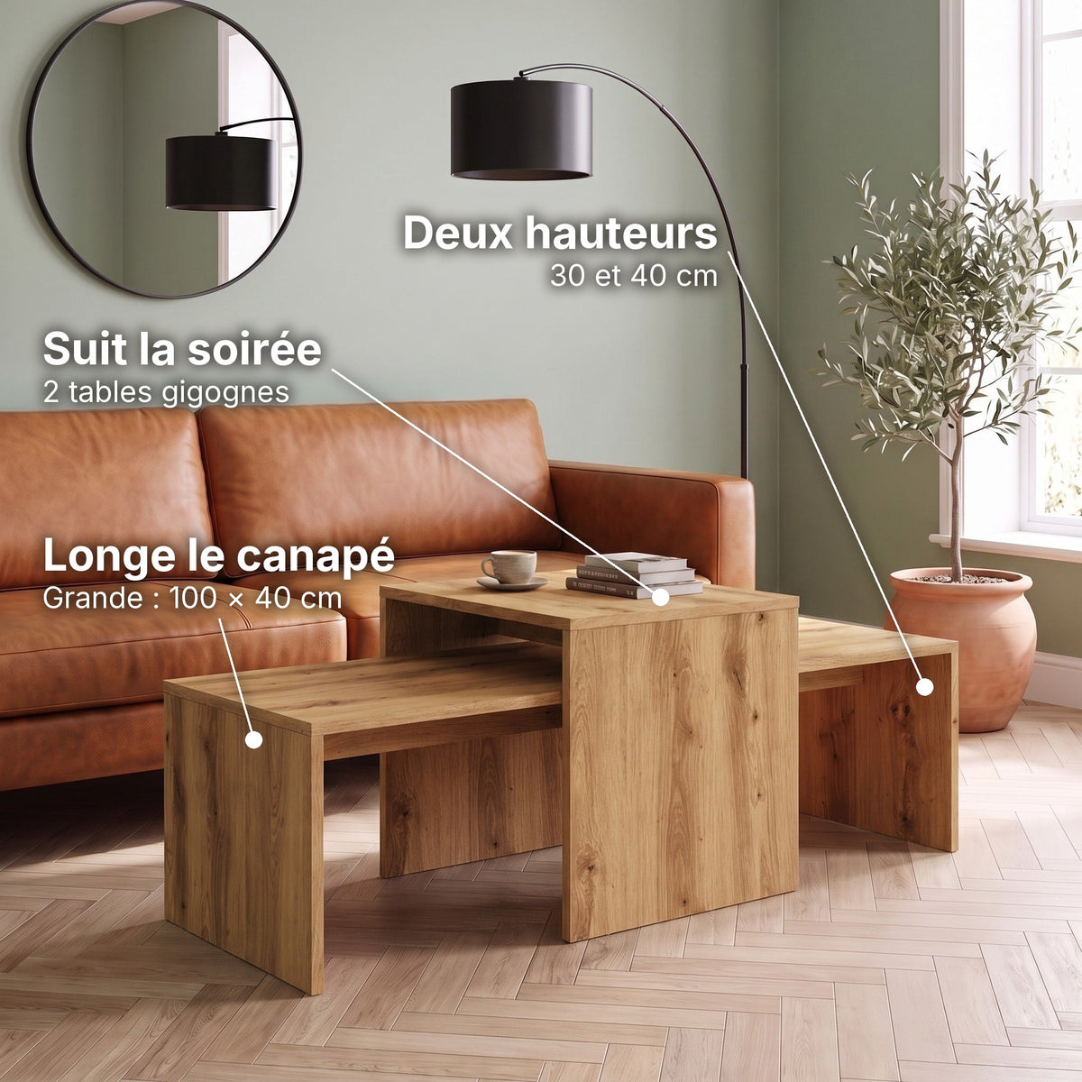 Tables basses gigognes décor bois Nesta chêne artisanal : suit la soirée (2 tables gigognes), deux hauteurs (30 et 40 cm), longe le canapé (Grande : 100 × 40 cm) #Couleur_Chêne artisanal