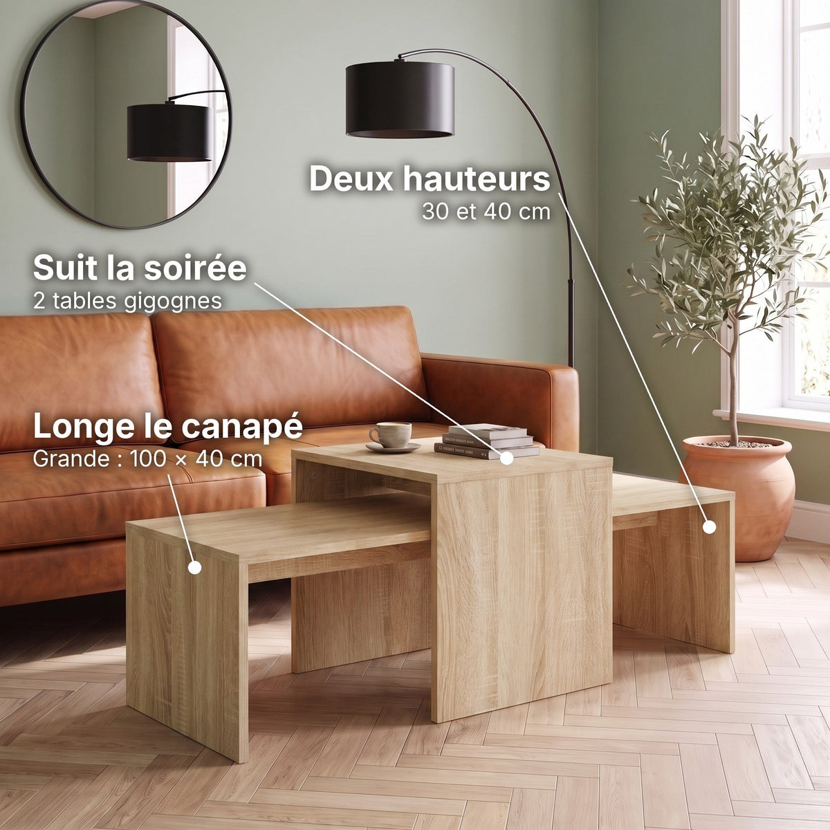 Tables basses gigognes décor bois Nesta chêne sonoma : suit la soirée (2 tables gigognes), deux hauteurs (30 et 40 cm), longe le canapé (Grande : 100 × 40 cm) #Couleur_Chêne sonoma