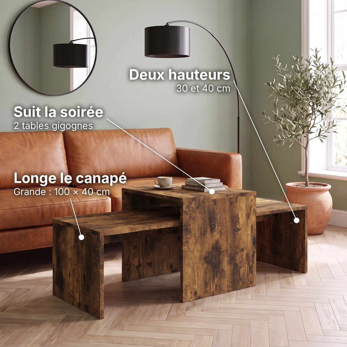 Tables basses gigognes décor bois Nesta chêne fumé : suit la soirée (2 tables gigognes), deux hauteurs (30 et 40 cm), longe le canapé (Grande : 100 × 40 cm) #Couleur_Chêne fumé