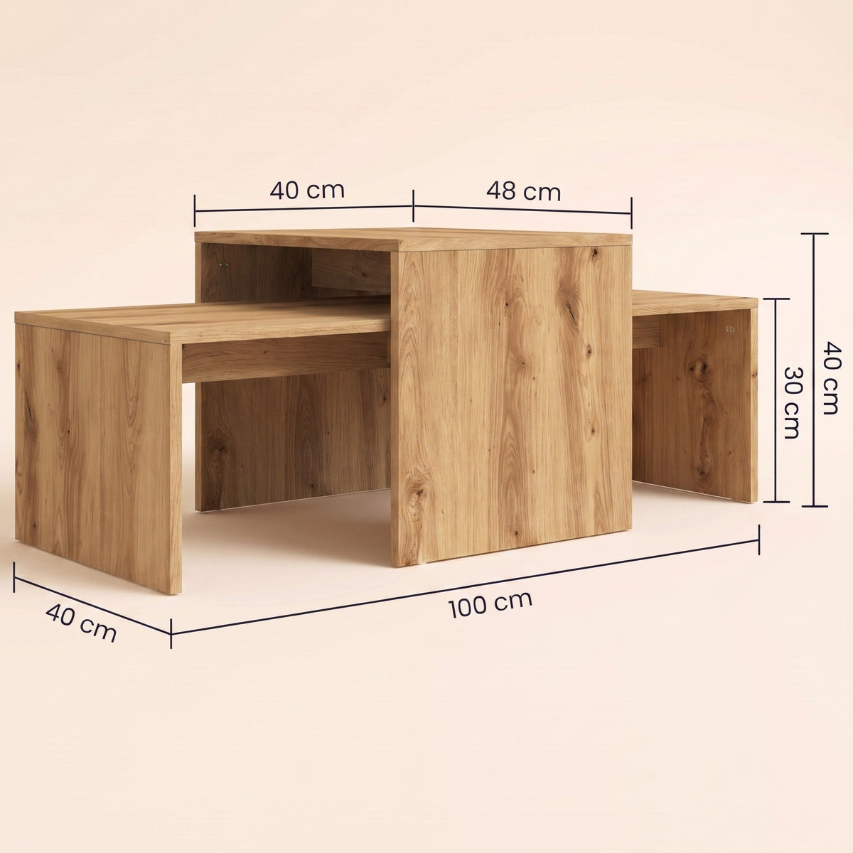 Dimensions des tables Nesta : 100 × 40 × 30 cm et 48 × 40 × 40 cm #Couleur_Chêne artisanal