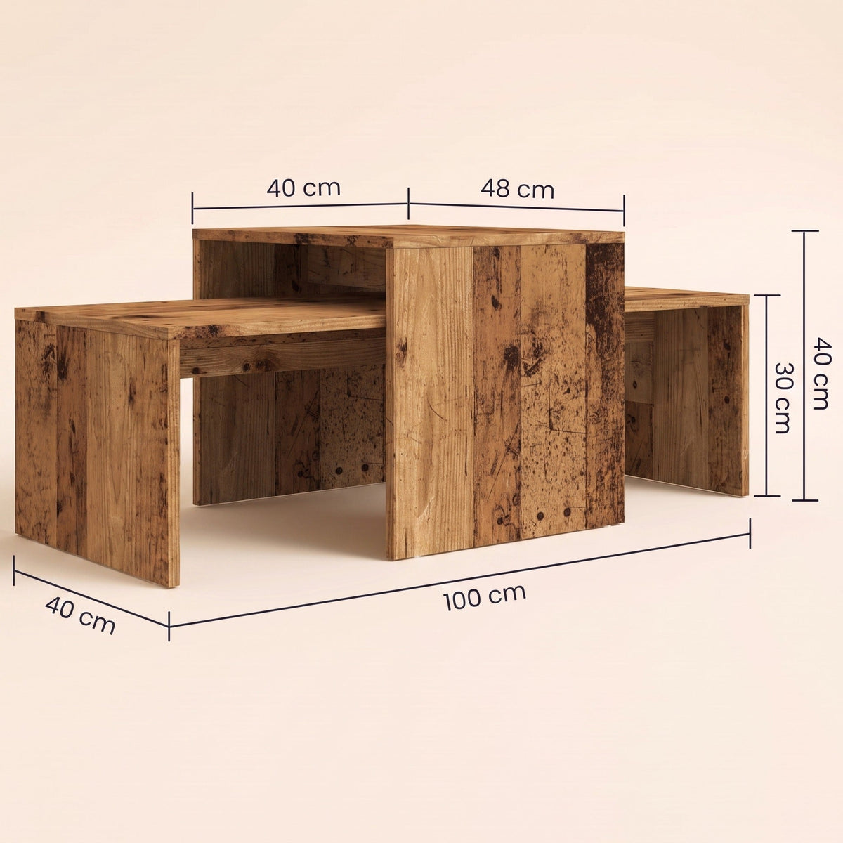 Dimensions des tables Nesta : 100 × 40 × 30 cm et 48 × 40 × 40 cm #Couleur_Vieux bois