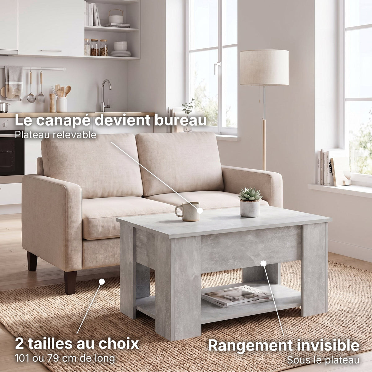 Table basse relevable avec rangement Onda gris béton , 79 × 49 × 41 cm : le canapé devient bureau (Plateau relevable), rangement invisible (Sous le plateau), 2 tailles au choix (101 ou 79 cm de long) #Couleur_Gris béton #Dimensions_79 × 49 × 41 cm