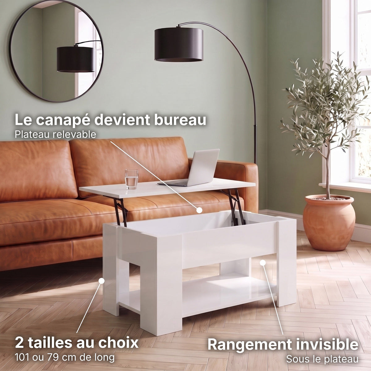 Table basse relevable avec rangement Onda 79 × 49 × 41 cm , blanc brillant : le canapé devient bureau (Plateau relevable), rangement invisible (Sous le plateau), 2 tailles au choix (101 ou 79 cm de long) #Dimensions_79 × 49 × 41 cm #Couleur_Blanc brillant
