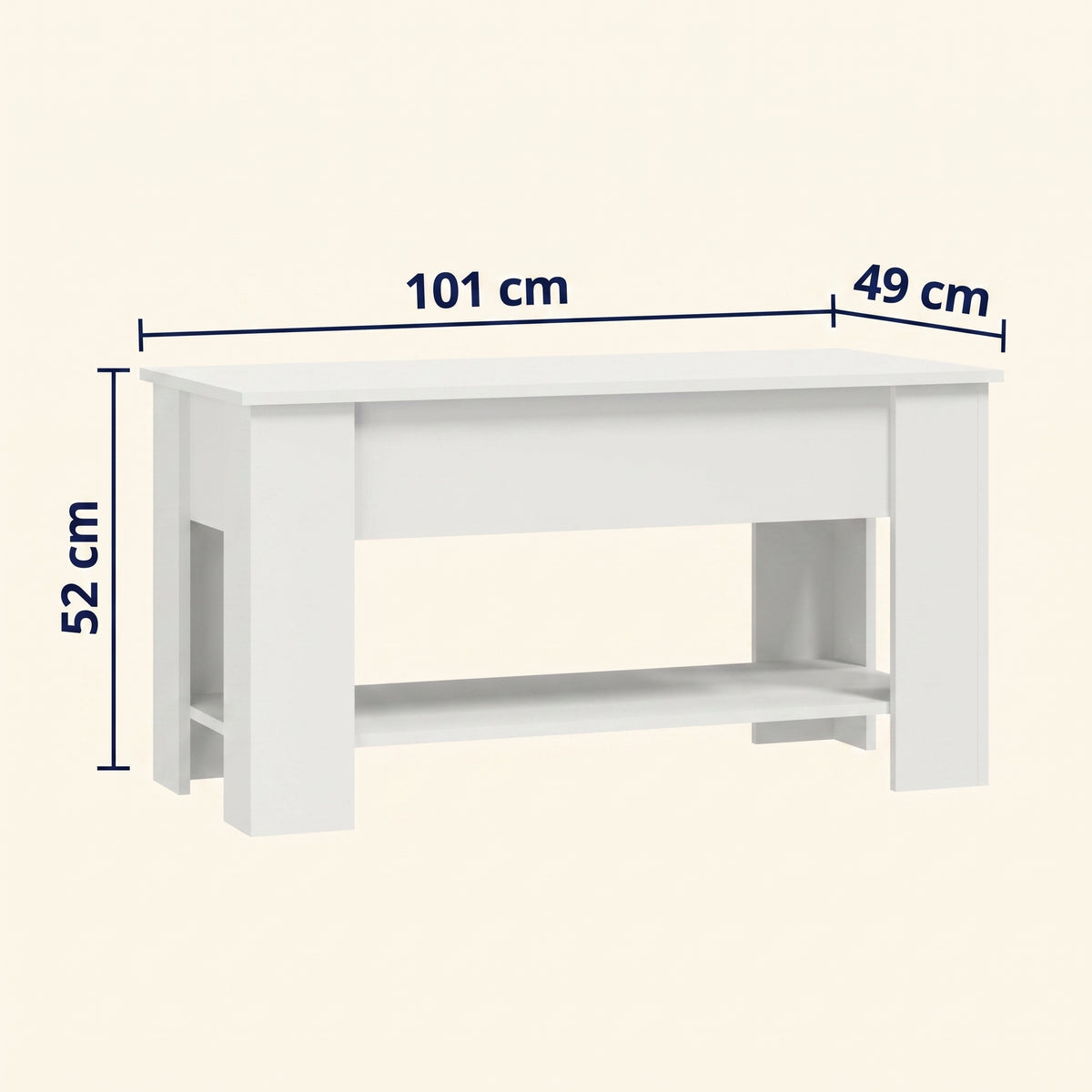 Table relevable Onda, blanc, dimensions cotées #Couleur_Blanc #Dimensions_101 × 49 × 52 cm