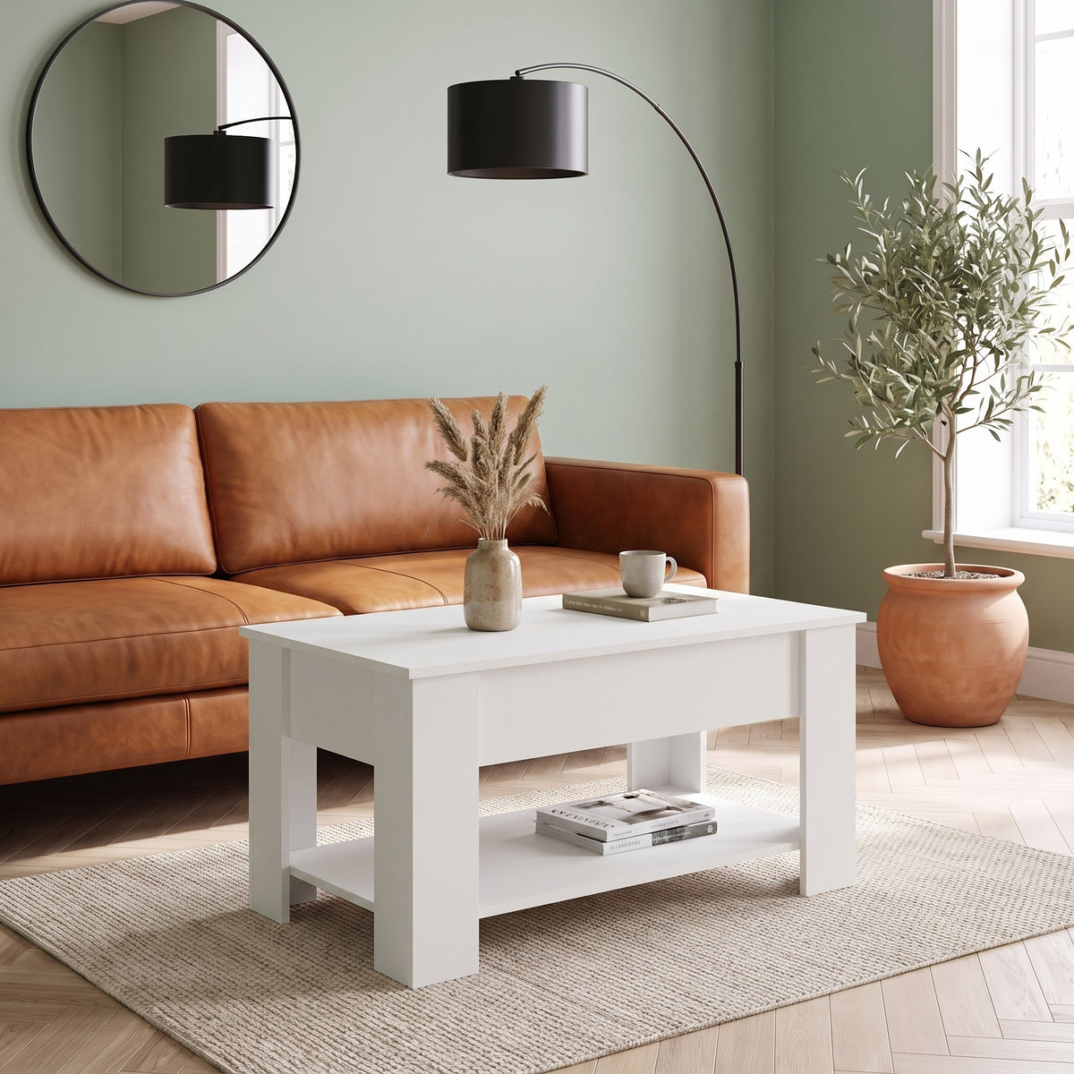 Table relevable Onda, blanc, en situation dans un salon #Couleur_Blanc #Dimensions_101 × 49 × 52 cm