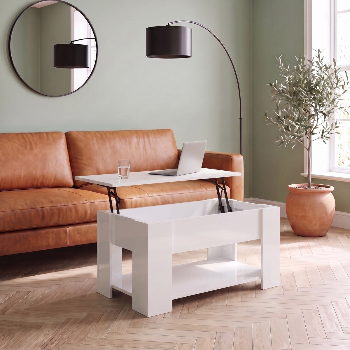 Table Onda 79 cm blanc brillant plateau relevé dans un salon #Dimensions_79 × 49 × 41 cm #Couleur_Blanc brillant
