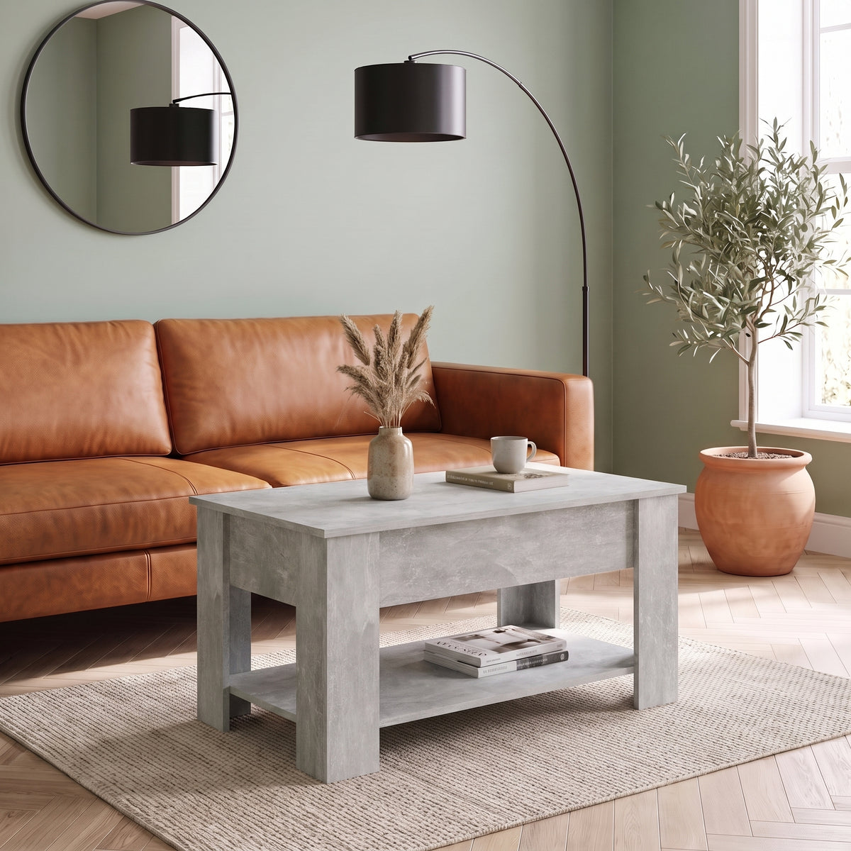 Table relevable Onda, gris béton, en situation dans un salon #Couleur_Gris béton #Dimensions_101 × 49 × 52 cm