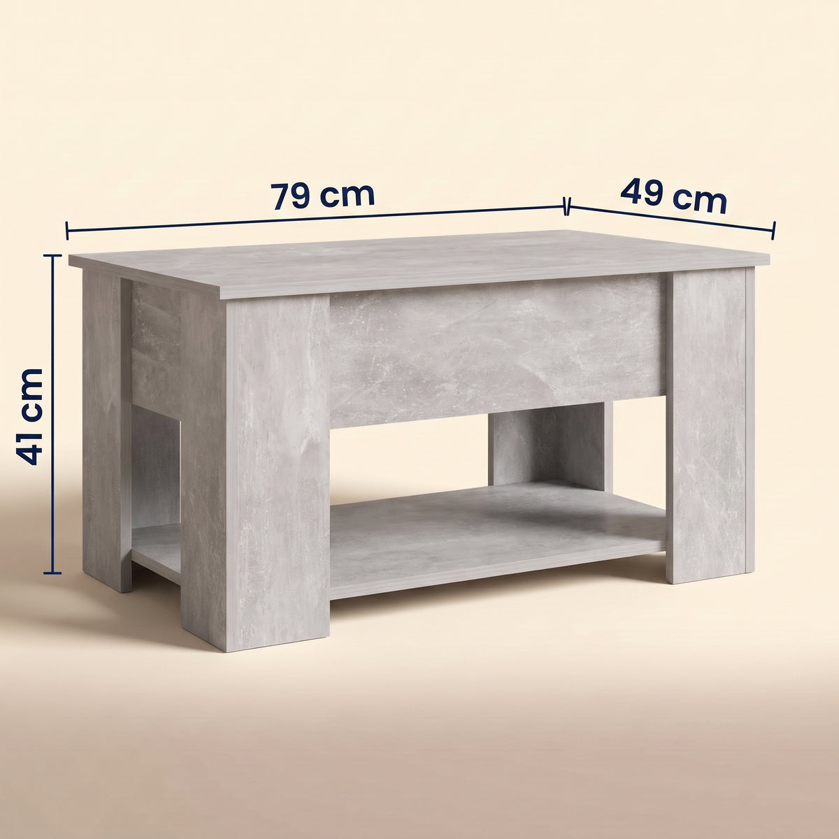 Table relevable Onda, gris béton, dimensions cotées #Couleur_Gris béton #Dimensions_79 × 49 × 41 cm