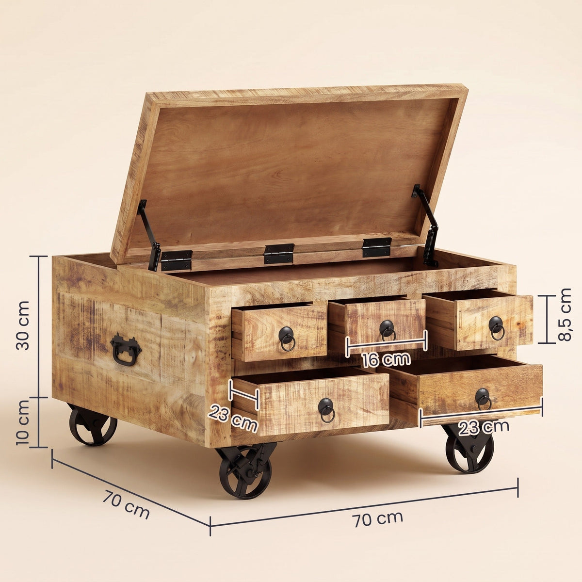 Dimensions de la table Origo : 70 × 70 cm, hauteur 40 cm (caisse 30 cm + roulettes 10 cm)