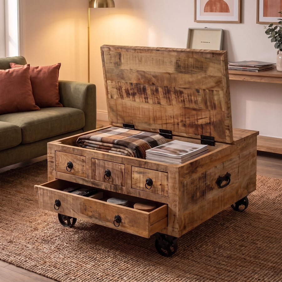 Une table basse industrielle à tiroirs, sur roulettes