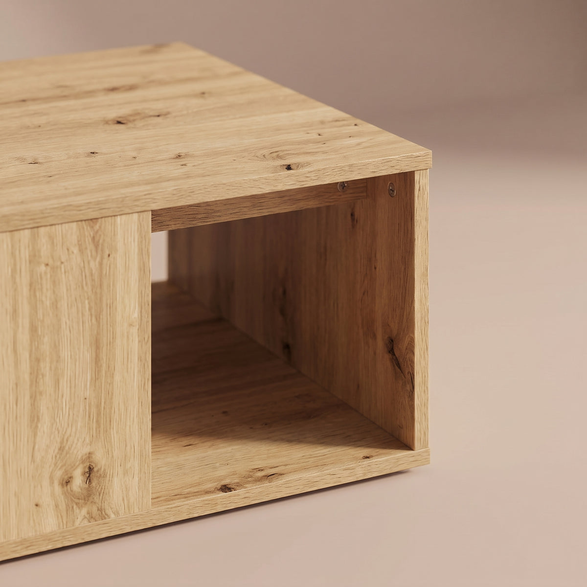 Table basse Otava, chêne artisanal, zoom coin et débord #Couleur_Chêne artisanal