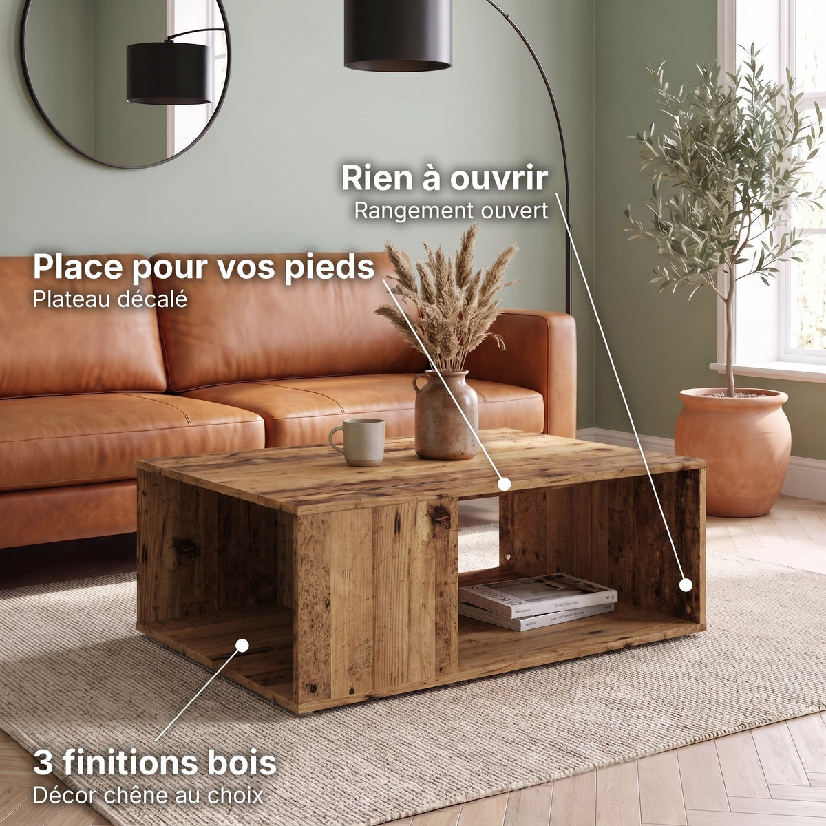 Table basse design décor bois avec niche Otava vieux bois : place pour vos pieds (Plateau décalé), rien à ouvrir (Rangement ouvert), 3 finitions bois (Décor chêne au choix) #Couleur_Vieux bois