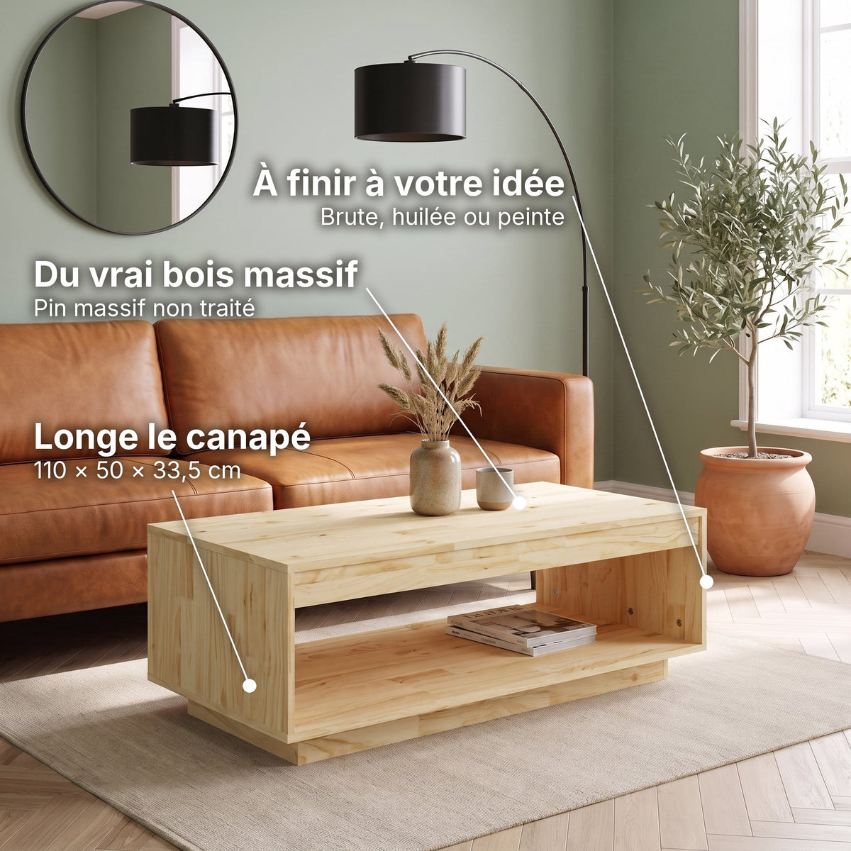 Table basse en pin massif brut 110 cm Pinéa : du vrai bois massif (Pin massif non traité), à finir à votre idée (Brute, huilée ou peinte), longe le canapé (110 × 50 × 33,5 cm) 