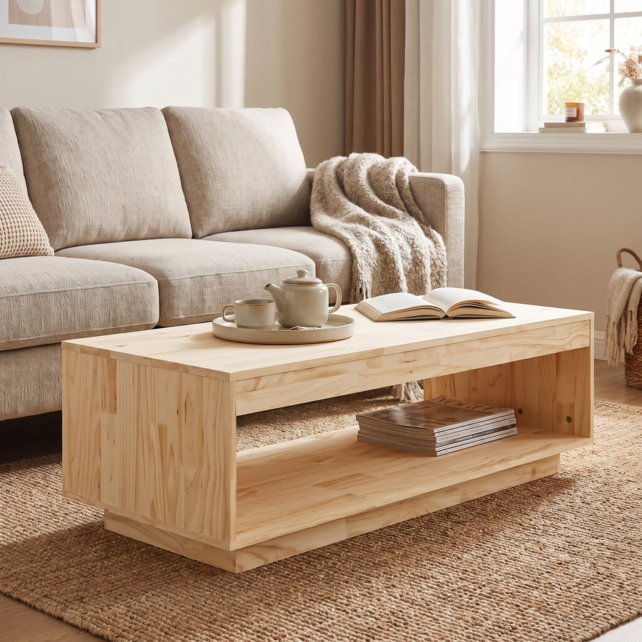 Pinéa — 110 cm de bois franc le long du canapé