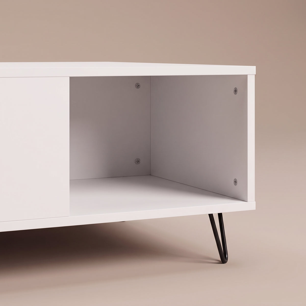 Table avec rangement Quadra, blanc, zoom sur la niche et son fond #Couleur_Blanc