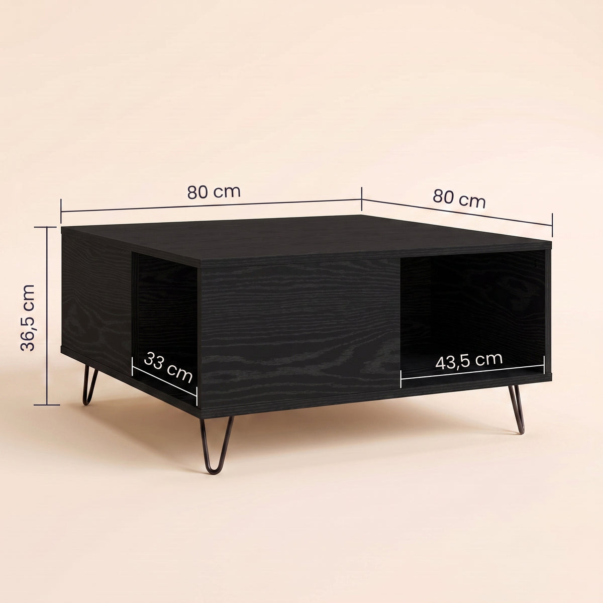 Table avec rangement Quadra, chêne noir, dimensions 80 × 80 × 36,5 cm #Couleur_Chêne noir