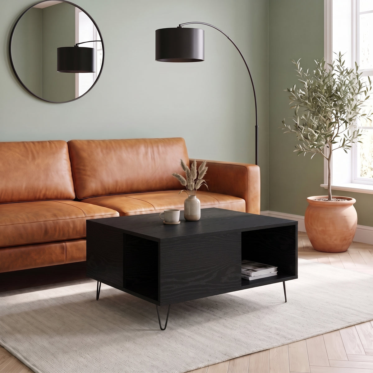 Table avec rangement Quadra, chêne noir, dans un salon en journée #Couleur_Chêne noir