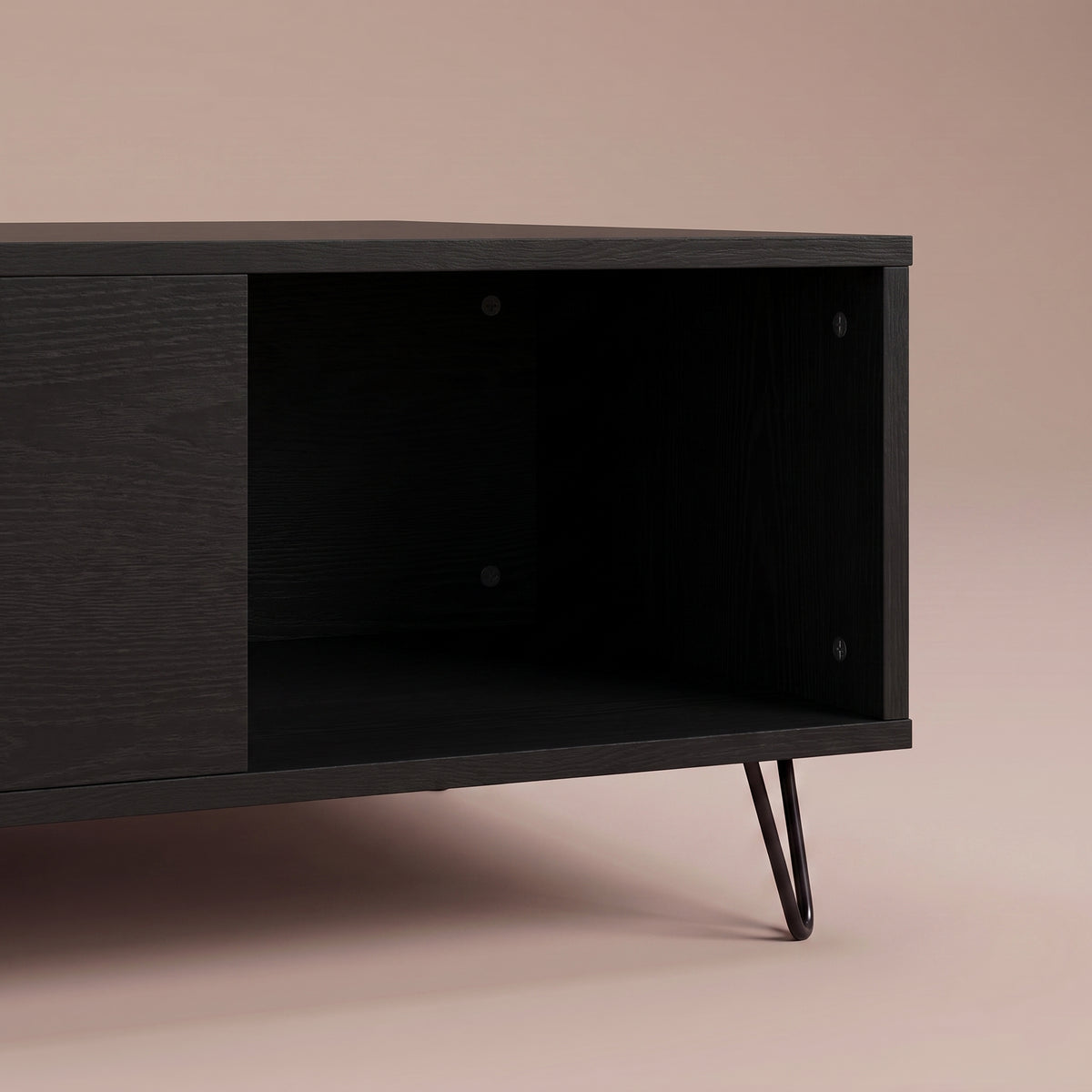 Table avec rangement Quadra, chêne noir, zoom sur la niche et son fond #Couleur_Chêne noir