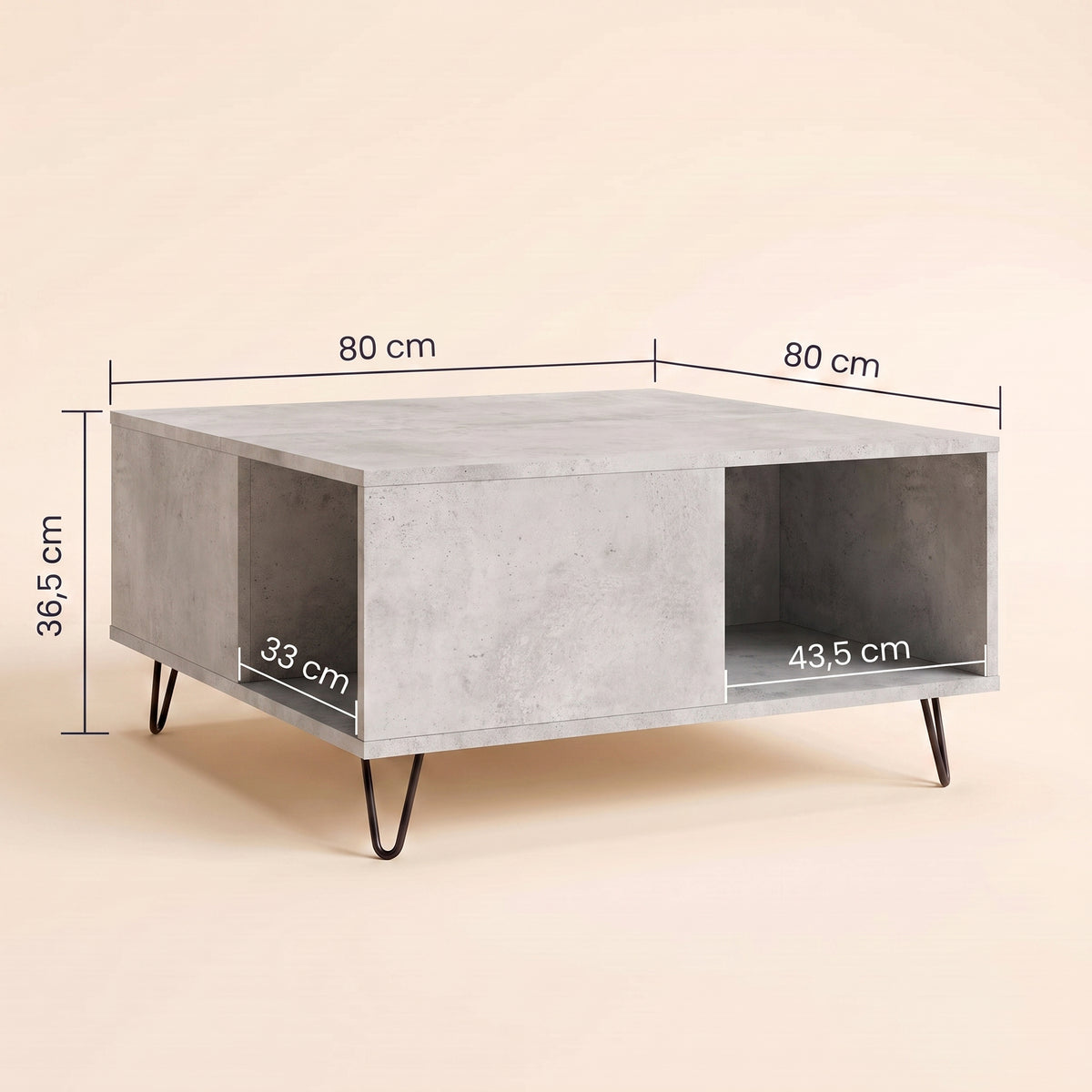 Table avec rangement Quadra, gris béton, dimensions 80 × 80 × 36,5 cm #Couleur_Gris béton