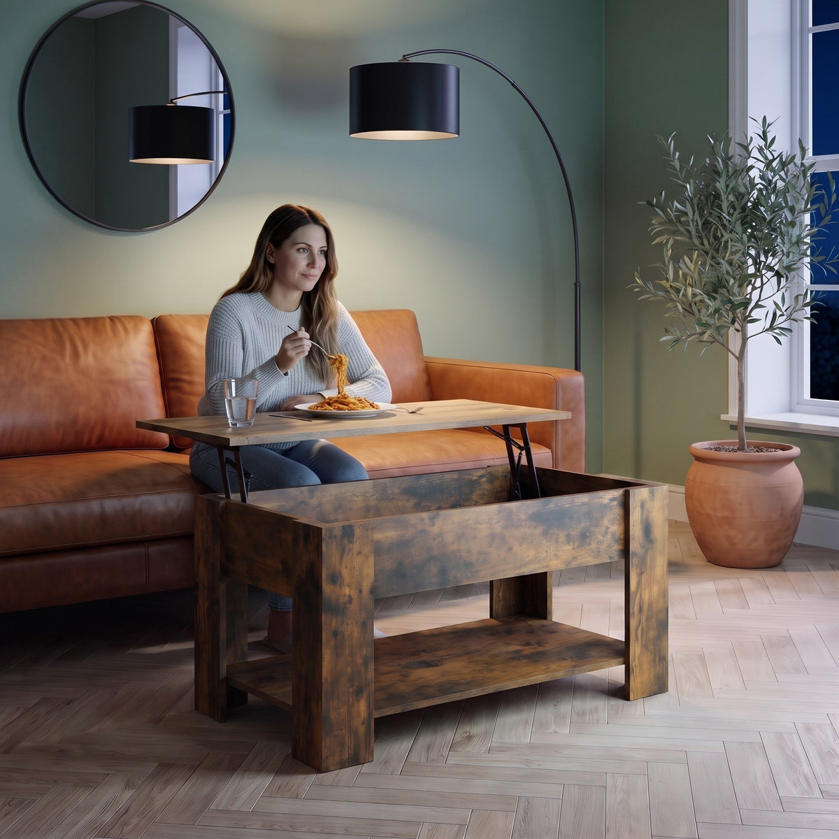 Aveline chêne fumé 101 cm au quotidien : dîner devant un film sur le plateau relevé #Dimensions_101 × 49 × 52 cm #Couleur_Chêne fumé