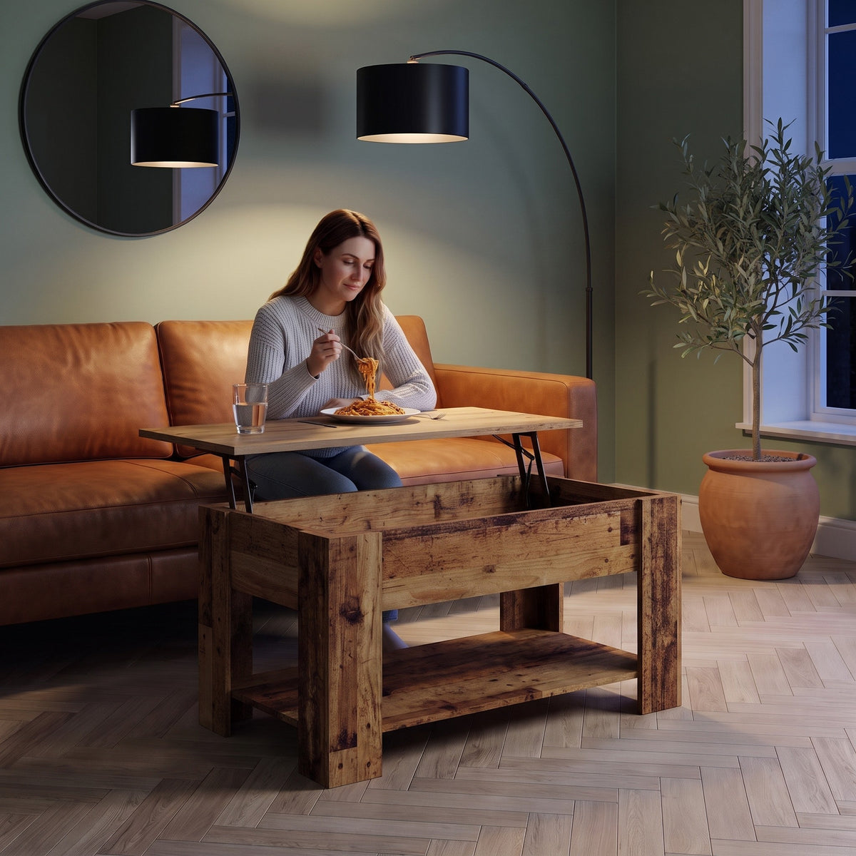 Aveline vieux bois 101 cm au quotidien : dîner devant un film sur le plateau relevé #Dimensions_101 × 49 × 52 cm #Couleur_Vieux bois