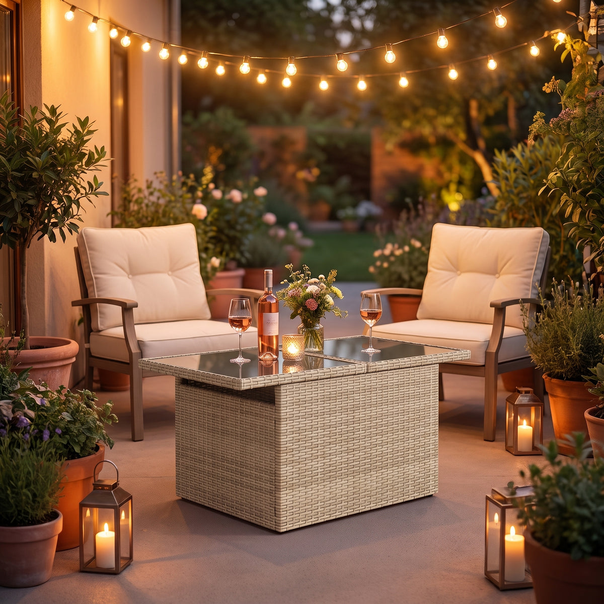 Table de jardin reglable Riviera, plateau verre, resine tressee beige, terrasse le soir #Matériau_Verre #Couleur_Beige